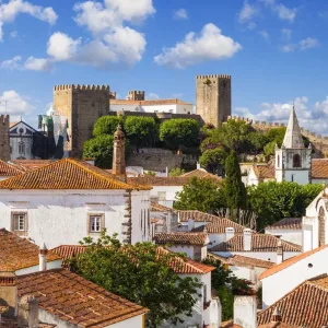 aerial view of Óbidos medieval walled town with 1565-metre limestone ramparts, Leiria District, Portugal